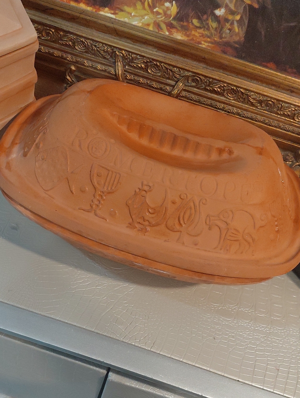 Terracotta Clay Roaster in Warm Orange with Decorative Relief